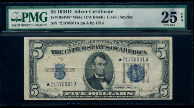 AC 1934D $5 Silver Certificate PMG 25 EPQ star *-A block Wide I Fr 1654*