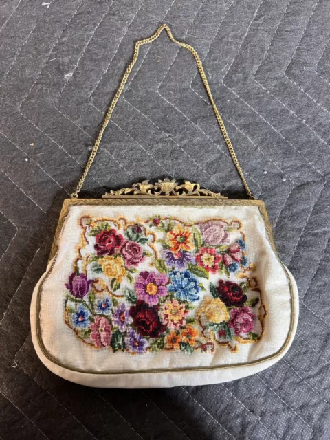 Vintage Petit Point Floral Tapestry  Purse Gold Tone Ornate Chain Handle Closure