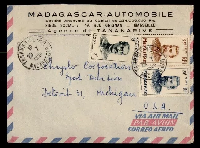 French Madagascar 1954 Tananarive Airmail To Usa  Madagascar Automobile Crysler