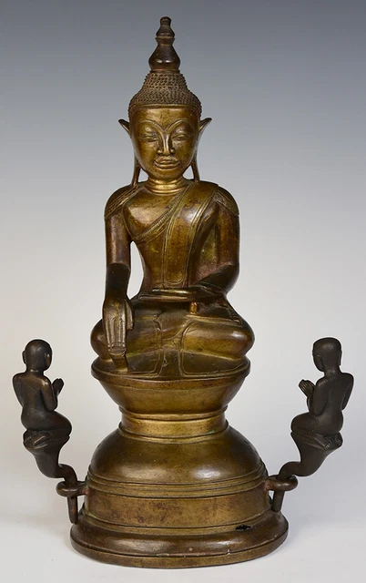 18th Century, Shan, Antique Burmese Bronze Seated Buddha and Disciples