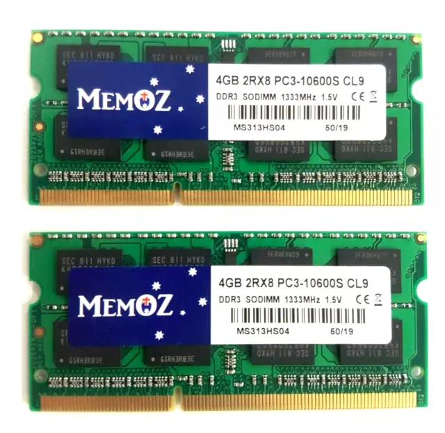 8GB DDR3L 1333Mhz 2x4GB Notebook RAM PC3 10600S Laptop Memory Memoz 5 Years Wty