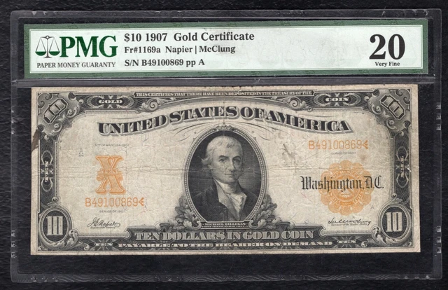 FR. 1169a 1907 $10 TEN DOLLARS GOLD CERTIFICATE CURRENCY NOTE PMG VERY FINE-20