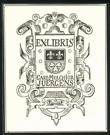 Exlibris Carl-Melchior Juergens, Wappen mit Ornamenten verziert