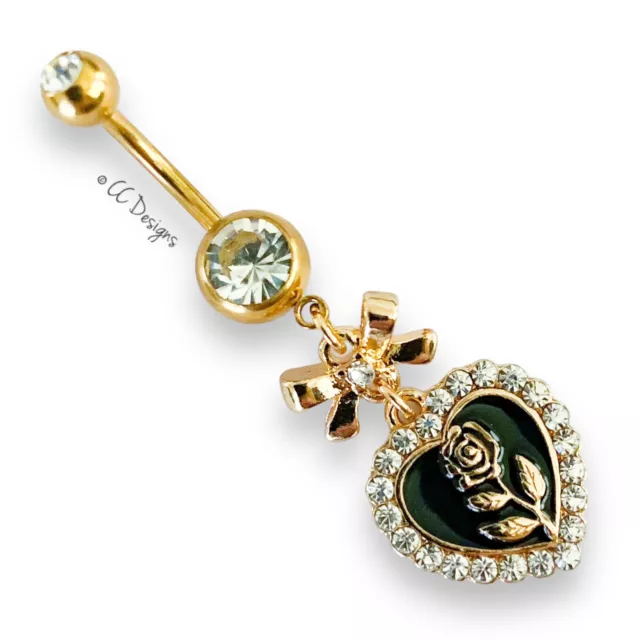 14g gold IP white cz dangle bow black heart rose cz charm belly ring (B27)