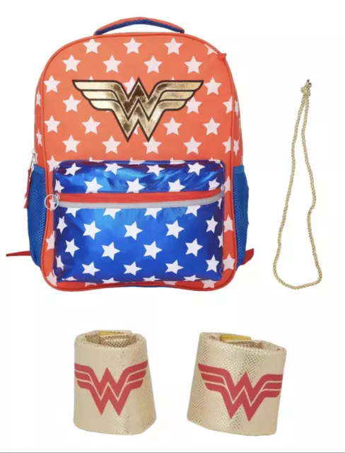 Wonder Woman Kids DC Comics Classic Backpack With Lasso And Cuffs Shiny Sparkly