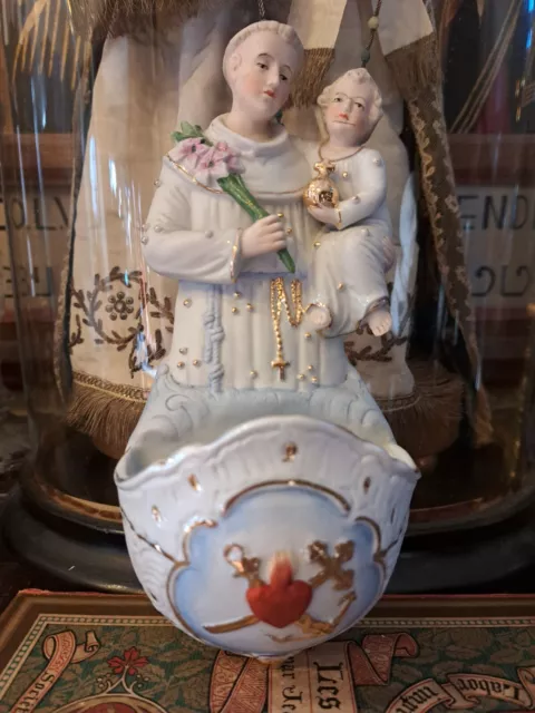 Lovely Antique Handpainted  Porcelain Bisque St Antony  Jesus Holy Water Font