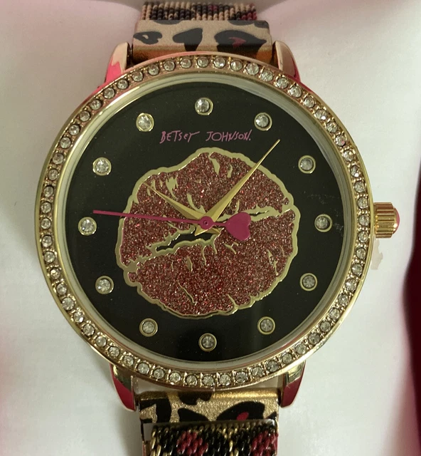 Betsey Johnson Watch Lips Rhinestone Bling Metal Mesh Heart Leopard Band NIB