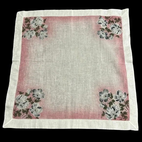 Vintage Handkerchief Pink White Floral Flowers Lightweight Thin Square 14.5"