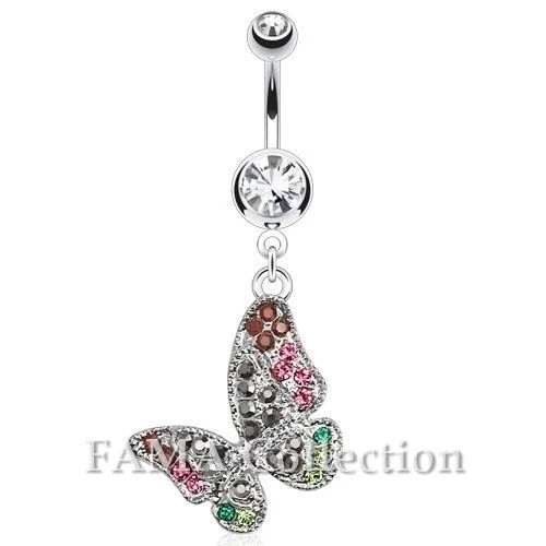 FAMA Butterfly Multi Coloured Gem Paved Dangle Navel Belly Ring Surgical Steel
