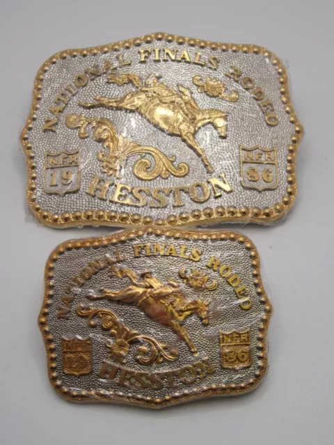 Hesston Gold & Silver Plated 1986 Matching Number Set Adult & Youth New Buckles