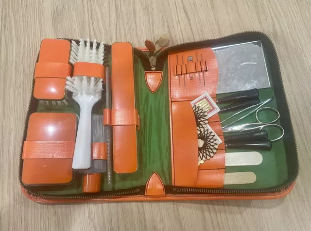 Vintage Orange Leather Style Travel Personal Grooming Kit Pre Owned VGC