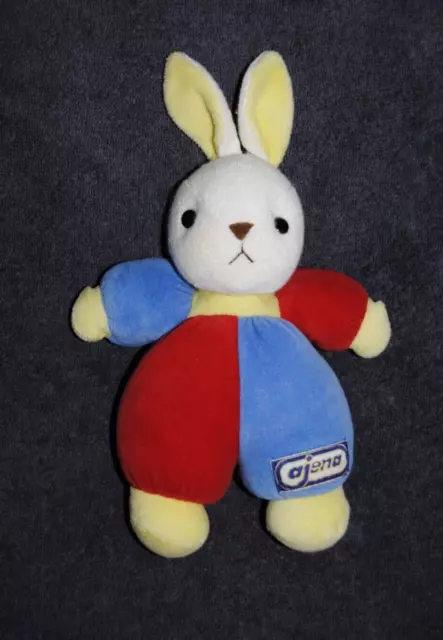 Peluche Doudou Lapin Bleu Rouge Jaune AJENA NOUNOURS Hochet Grelot 27 Cm TTBE