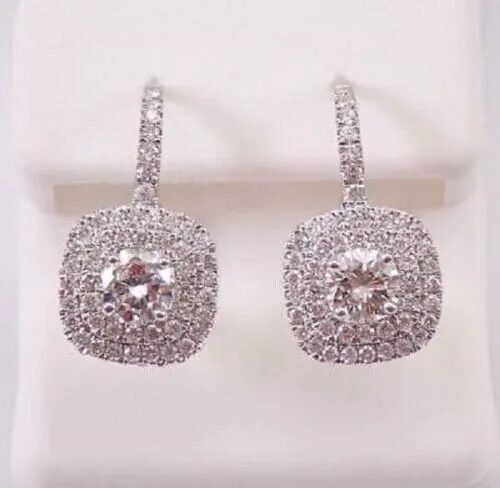 Round Cut Simulated Diamond Cluster Drop/Dangle Earrings 14k White Gold Plated