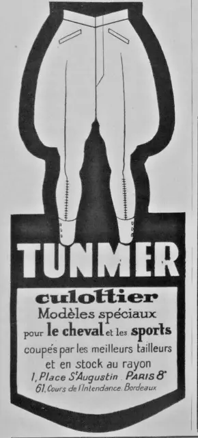 Publicité De Presse 1926 Tunmer Culottier Spéciaux Pour Le Cheval Et Les Sports