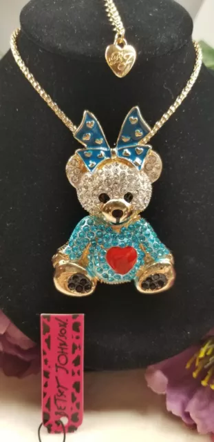 Adorable Betsey Johnson Crystal  Rhinestone Red Heart Teddy Bear Pendant Necklac