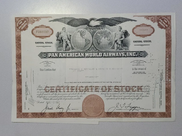 Pan American World Airways Cancelled Stock Certificate