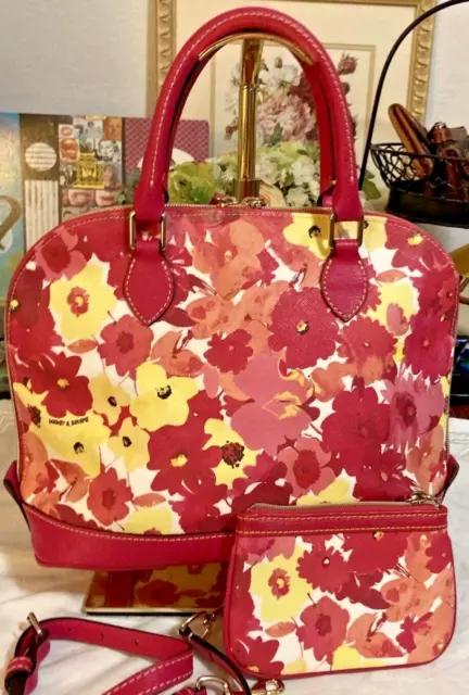 Dooney Bourke Set! Red Pink Floral Somerset Bloom Zip Zip Satchel & Pouch Wallet 2