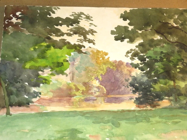 Dessin Aquarelle Original Paysage Rivière Et Arbres - École Française Début 1900 (1900-1920)