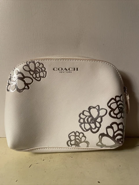 White w Silver flowers Coach makeup bag -Polyurethane
