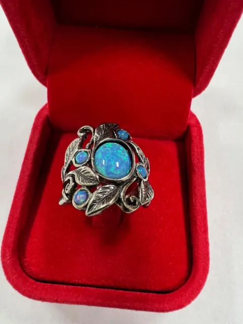 Shablool Didae SS Floral Design Fire Blue Opal Ring Size 7.25  [123GCW]