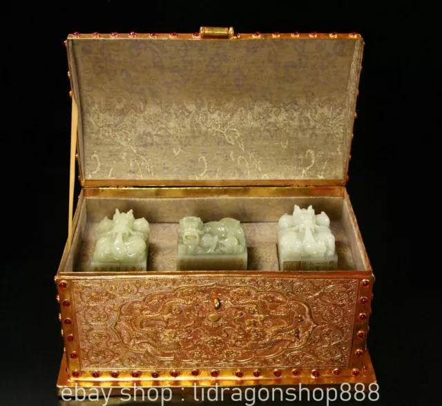 10.4" Vieux Chinois Cuivre 24K Or Doré Hetian Jade Dragon Box Pi Xiu Seal Set