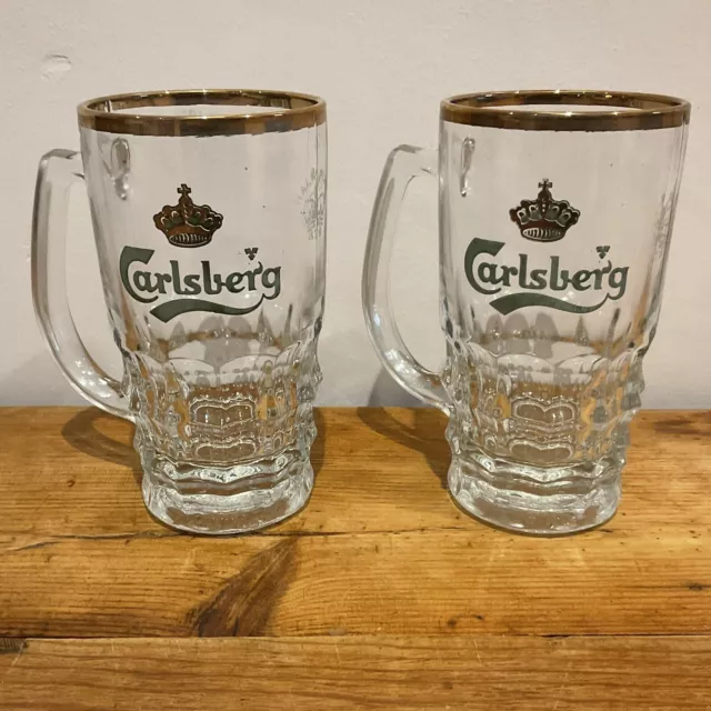 2 X Vintage Carlsberg Half Pint Glasses Tankard Gold Rimmed In Green Never Used