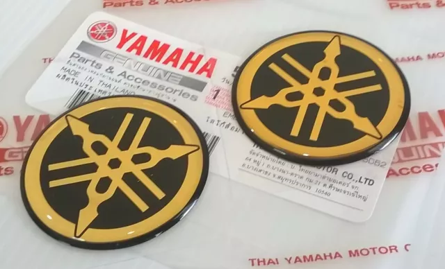 2 x 40mm YAMAHA TUNING FORK BLACK / GOLD GEL DECAL STICKER BADGE LOGO *UK STOCK*