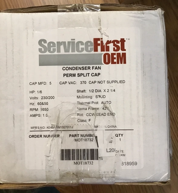 OEM TRANE CONDENSER FAN MOTOR 1/6 HP MOT18732, New Open Box £103.85