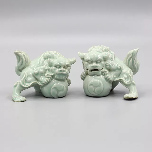 3.54"chinese Song Hutian Kiln Celadon Porcelain Figurine Foo Fu Dog Lion Statue