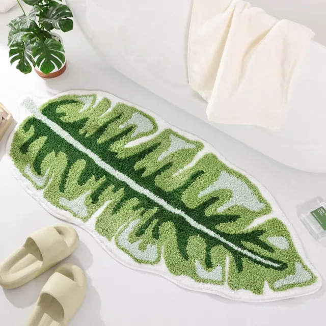 Panstar Green Leaf Bath Mat, Large Banana Plant 45x20in, White