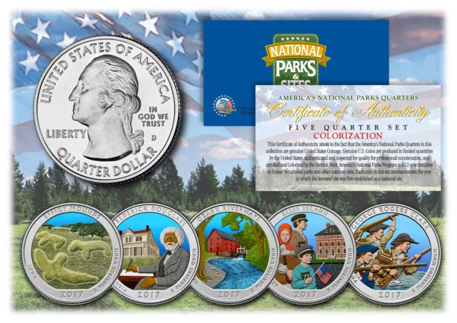 2017 America The Beautiful COLORIZED Quarters U.S. Parks 5-Coin Set w/Capsules