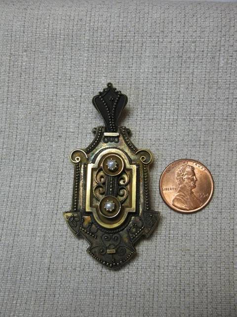 Médaillon Ancien En Or 14k Avec Onyx Noir Et Perle – Bijou De Deuil Belle Époque, C.1860
