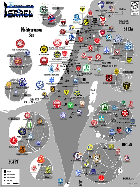 ISRAEL FOOTBALL CLUBS Map. Poster. Cartography. (30 x 40 cm). EUR 16,00