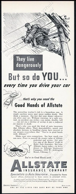 1951 electric power lineman art Allstate Insurance vintage print ad