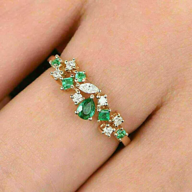 1Ct Pear Green Emerald & Diamond Awesome Engagement Ring 14K Yellow Gold Finish