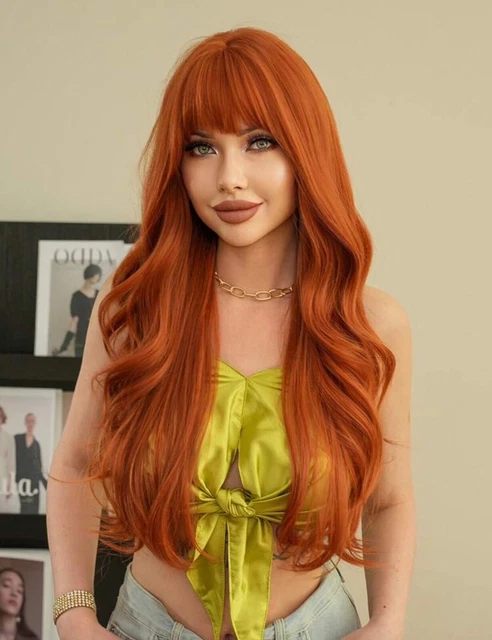 Perruque Longue Rousse Ondulée Avec Frange - Synthétique - Taille De Bonnet Moyen Pour Femme
