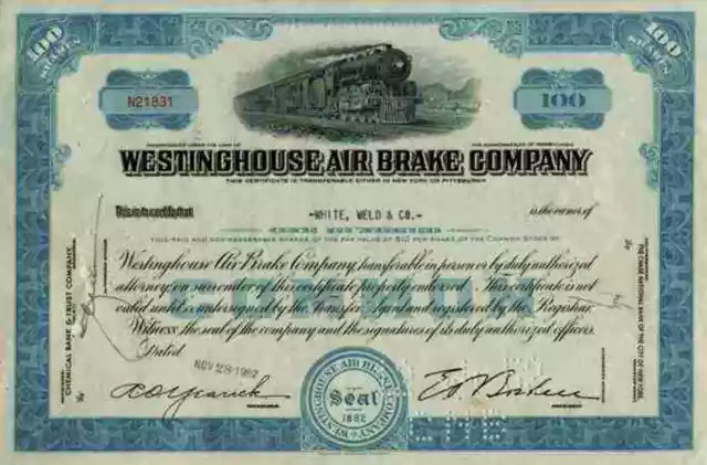 Westinghouse Air Brake Company 1952 Pennsylvania 100 Shares Eisenbahn Bremsen