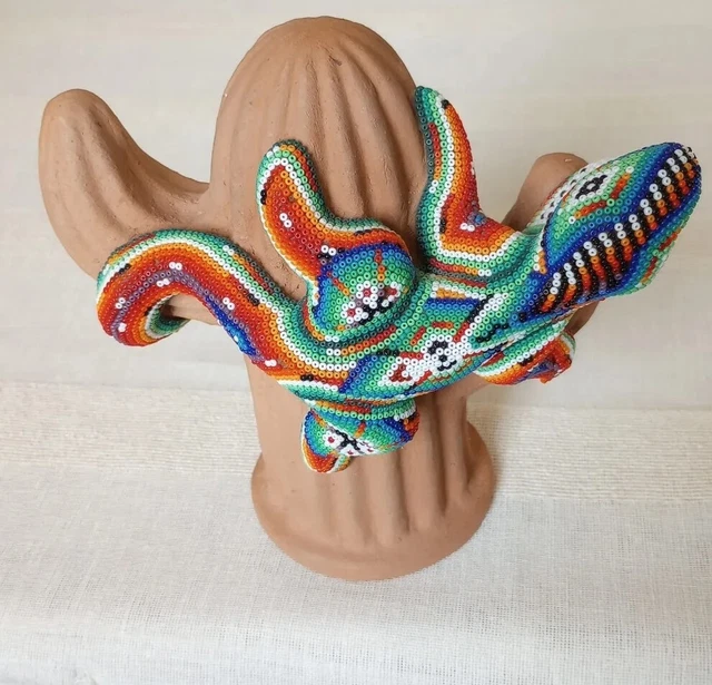 VTG Mexican Huichol Folk Art Beaded Iguana On Ceramic Cactus Signed By Artist