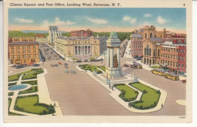Syracuse NY New York - Clinton Square & Post Office - Linen Postcard - ca 1940's