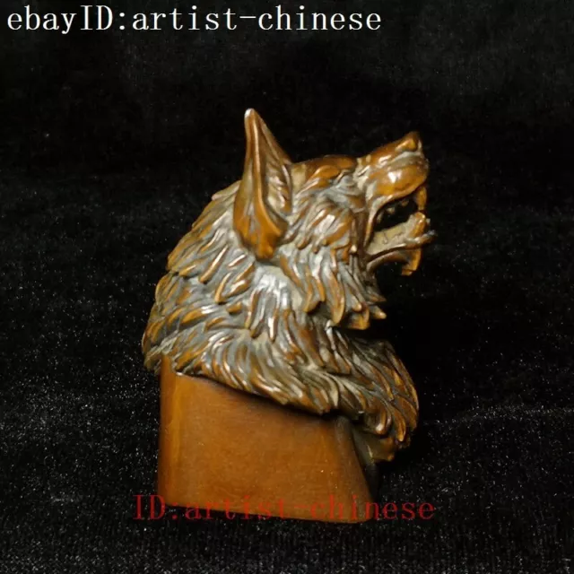 H 2.4 inch Old Chinese boxwood hand carved wolf head statue Collection gift