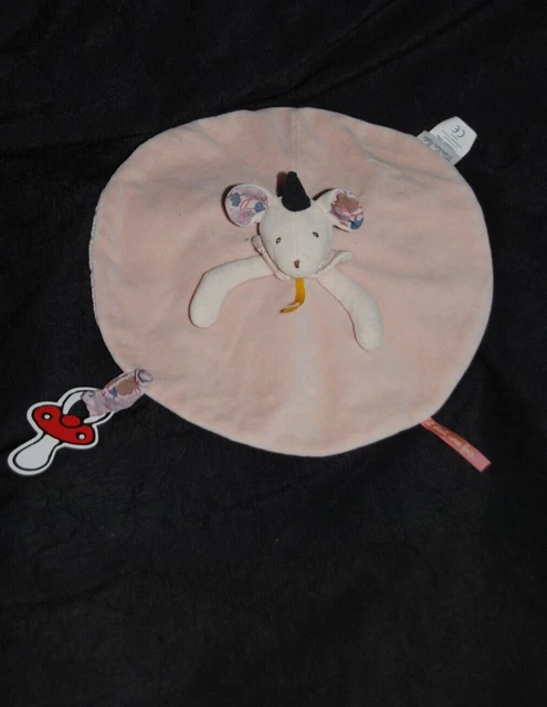 Doudou plat rond rose souris MOULIN ROTY Il était une fois attache tétine  NEUF