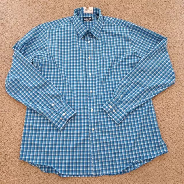 Lands End Shirt Mens XL Blue Plaid Long Sleeve Button Up Polyester Blend