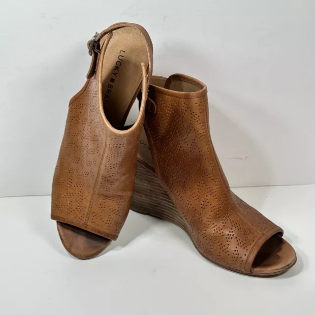 Lucky Brand Sandals Womens 8.5? Risza Brown Suede Wedge Ankle Peep Toe Slingback