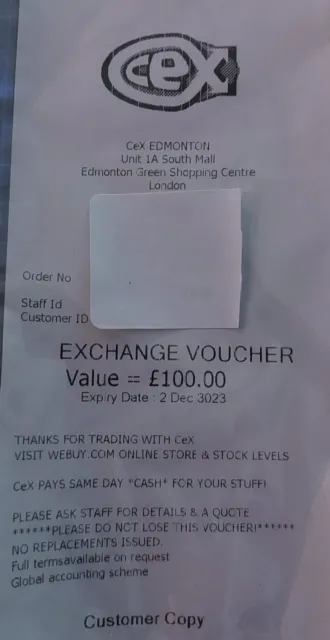 Cex Exchange Voucher Coupon Value £100.00
