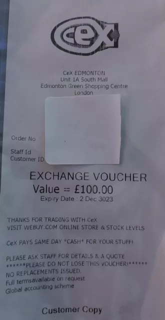Cex Exchange Voucher Coupon Value £100.00