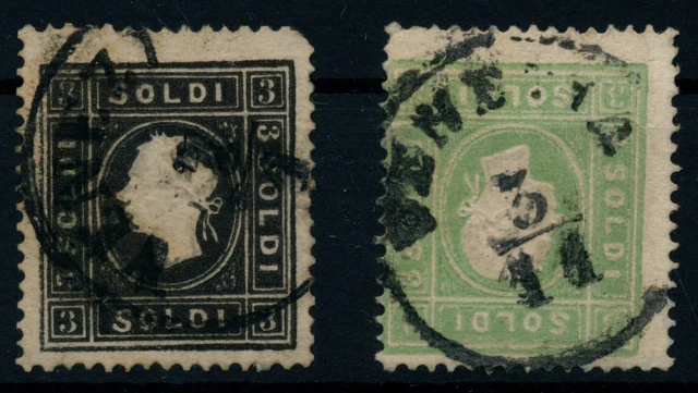 LOMBARDEI-VENETIEN 1858 2Stk.Marke:-3sld. Schwarz, und Grün. VENEZIA.