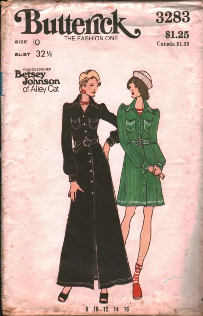 3283 Vintage Butterick Sewing Pattern Misses Betsey Johnson Front Buttoned Dress