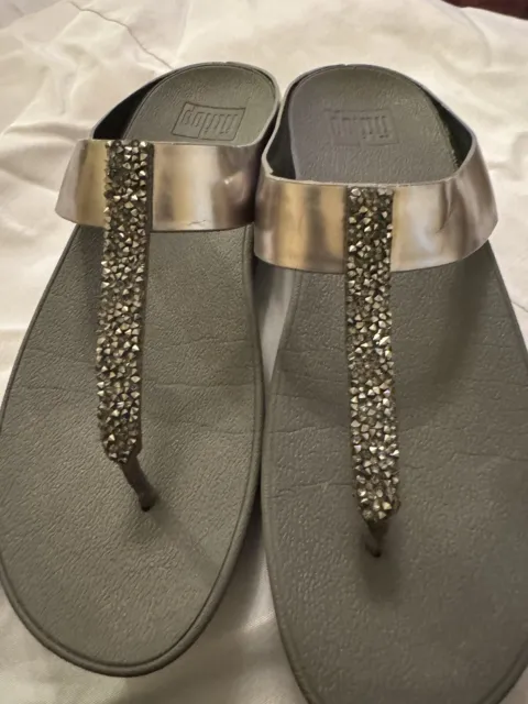 Fitflop Womens Fino  Metallic Silver Leather Strap Thong Sandals Slides Sz 8