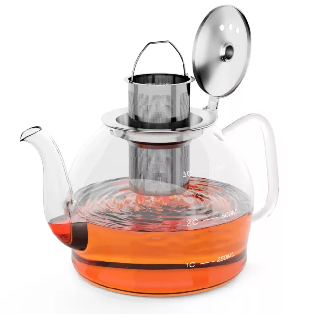 HEFTMAN Clear Glass Teapot Infuser Loose Leaf Filter Brew Heat Resistant 800ml