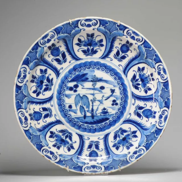 Antique 18th c Blue and White Kraak Style Dutch Delftware Plate. 40 CM